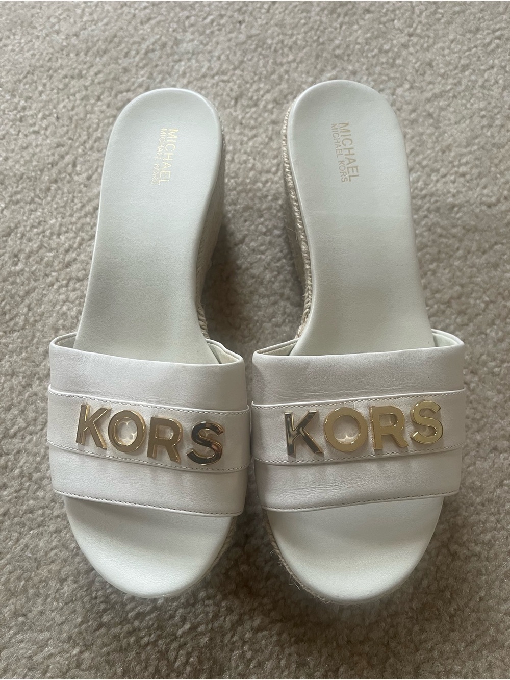 Michael Kors White Slide Wedge Mules with Gold KORS Logo